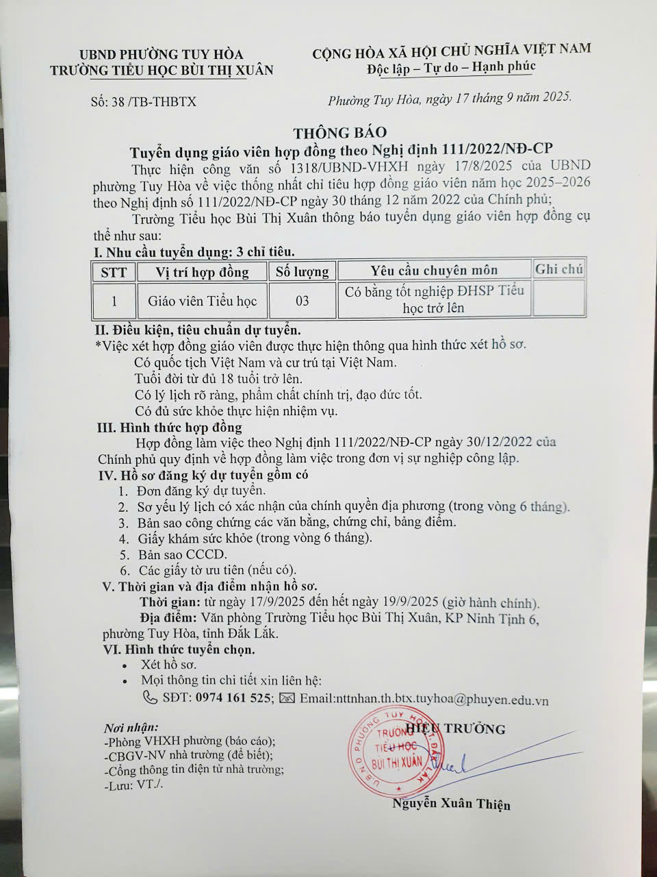 THÔNG BÁO: Tuyển dụng giáo viên hợp đồng theo nghị định 111/2022/NĐ-CP